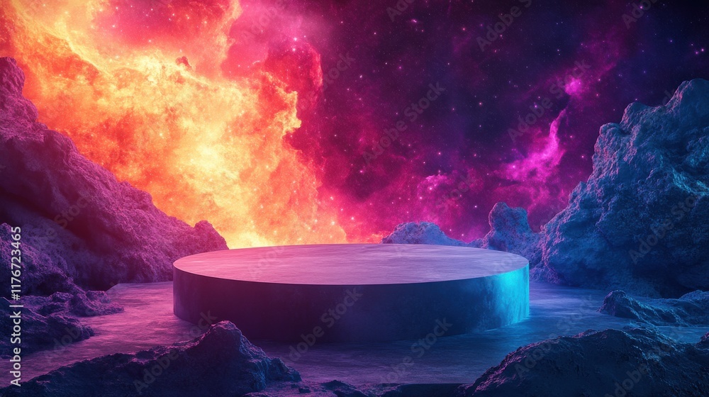 Poster a vibrant cosmic setting featuring a glowing platform surrounded by colorful nebulae and celestial e