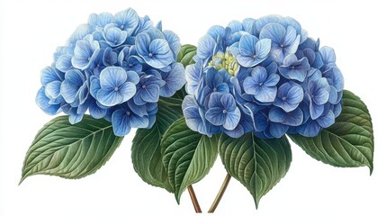 Obraz premium Two blue hydrangeas with green leaves isolated on white background.