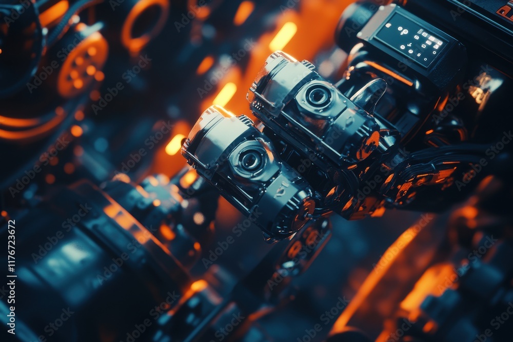 Poster close-up of advanced robotic machinery with metallic structures glowing in warm orange light.