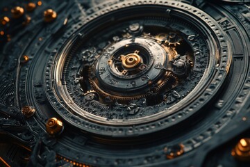 Obraz premium Intricate close-up of a metallic clockwork mechanism, showcasing detailed gears and a warm gold finish.