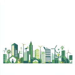 A vibrant green cityscape illustration showcasing eco-friendly buildings and renewable energy sources.