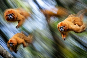 A group of golden lion tamarins leaping among tree branches in the Atlantic Forest.