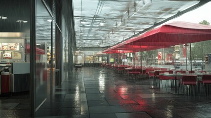Obraz premium Rainy day, outdoor eatery, red umbrellas, wet pavement.