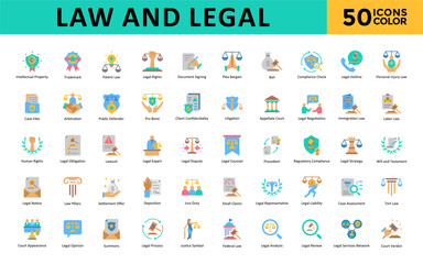 Law and Legal icons set with intellectual property, trademark, patent law, legal rights, document signing, plea bargain, bail, compliance check, legal hotline icon. Simple flat color vector 
