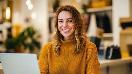 A cheerful woman smiles while working on her laptop in a bright, cozy environment filled with plants and stylish decor.