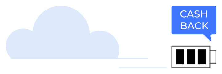 Cloud in pastel blue beside a battery icon in black and white with a blue speech bubble reading CASH BACK. Ideal for finance, environment, energy, rewards, savings, technology, eco-friendly. Abstract