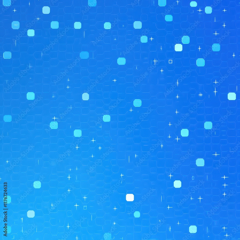 Poster a vibrant blue abstract background with shimmering squares and stars, creating a dynamic and energet