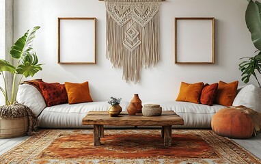 Bohemian living room interior with macrame wall hanging, sofa, and blank frames.