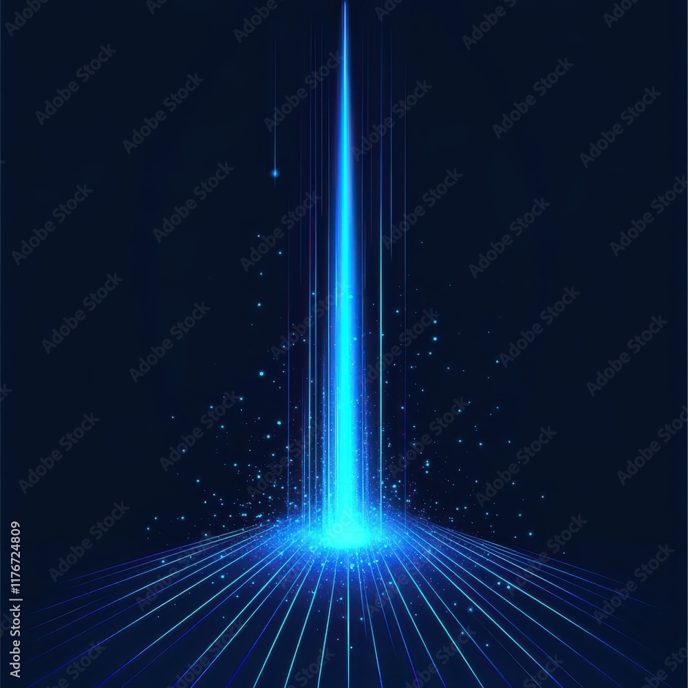 Poster a mesmerizing blue light beam emerging from a dark void, creating a burst of energy and particles be