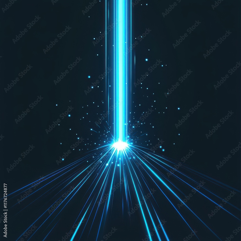 Poster bright blue laser beam radiating from a central point, creating a dynamic visual effect in a dark ba