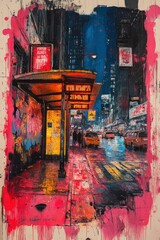 Fototapeta premium Night city street scene, vibrant abstract painting.