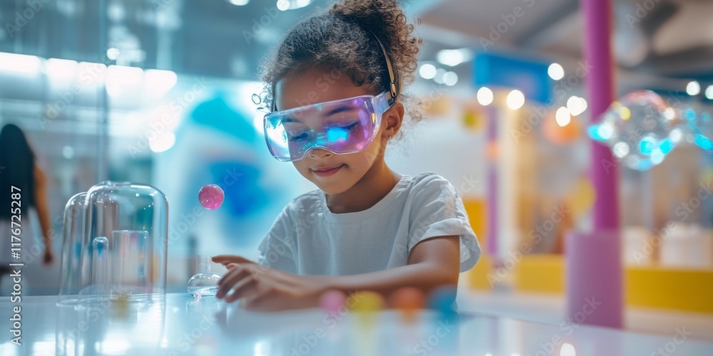 Poster A joyful child engages with colorful objects in a playful setting. The vibrant atmosphere encourages creativity and exploration. This image captures the essence of learning through play. AI