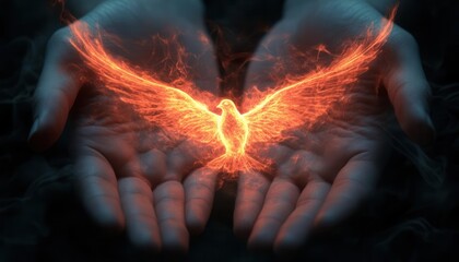 Fototapeta premium Closeup of hands releasing a glowing bird into the sky, symbolizing freedom and success, new heights, achievement