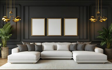Dark living room interior, white sofa, gold frames, plants.