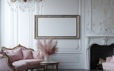 Classic Interior, Pink Sofa, Fireplace, Pampas Grass, Blank Frame Mockup.
