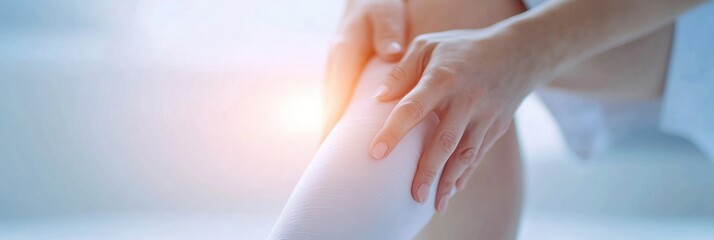 Managing lymphedema through compression therapy on a swollen leg in a serene setting