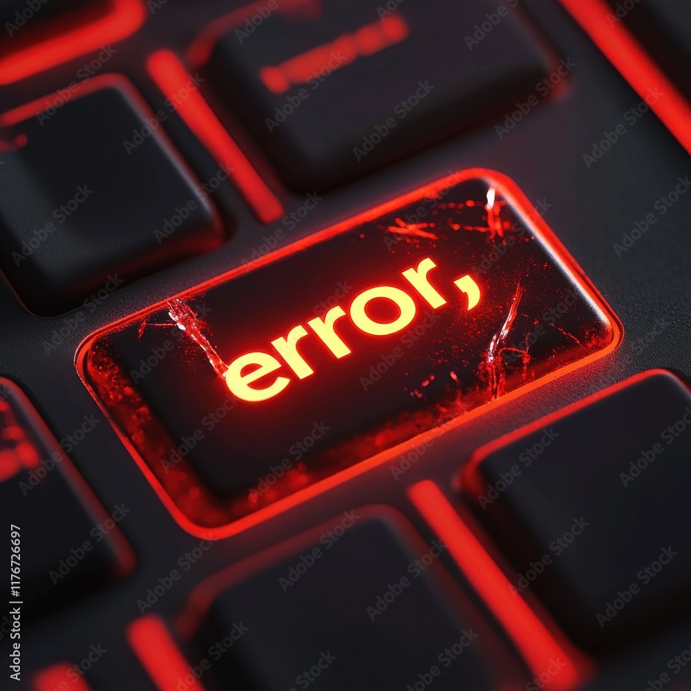 Aufkleber close-up of a glowing red 'error' key on a black keyboard, symbolizing computer issues and frustrati