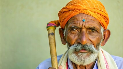 Obraz premium Elderly Indian villager holding wooden stick in traditional attire. Studio portrait of old Indian man with deep wrinkles and wise expression.