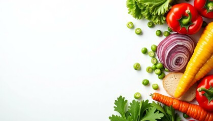 Fresh Vegetables Flat Lay, Peppers, Carrots, Onions, Greens on White,