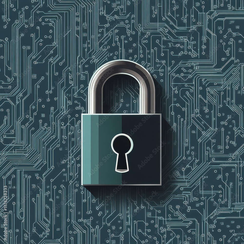 Poster a digital padlock symbolizing cybersecurity against a backdrop of circuit board patterns.