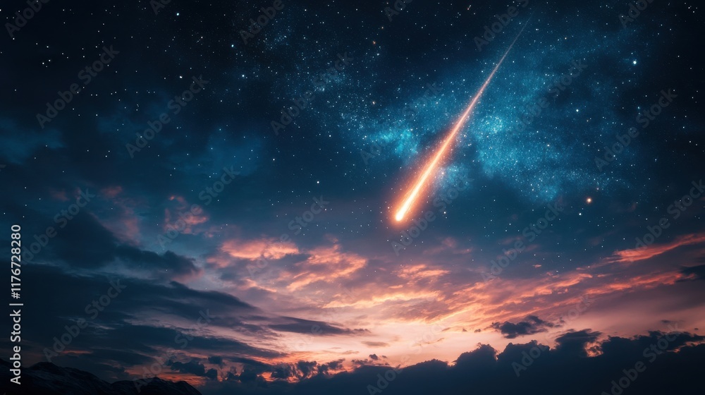 Poster a dazzling meteor streaks across a starry sky at twilight, creating a mesmerizing cosmic spectacle.