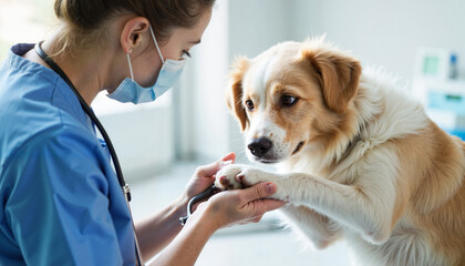 Veterinarian gently grooming dog&rsquo;s paws in bright clinic, pet care