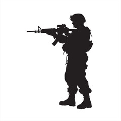 Silhouette of a Soldier Standing with a Weapon in Side View - Vector Illustration