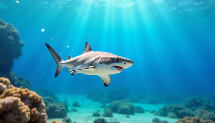 Vibrant baby shark swimming in clear blue ocean, joyful underwater scene