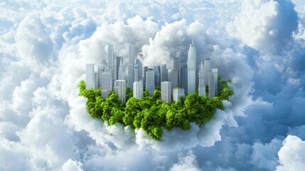 Urban renewal city skyline transformation from pollution to vibrant greenery cloudy environment futuristic concept