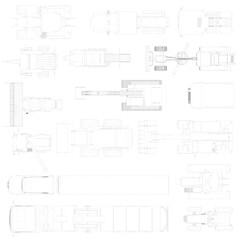 Collection of drawings of various vehicles and buildings. The drawings are in black and white and are all different sizes. Scene is one of creativity and imagination. Top view.
