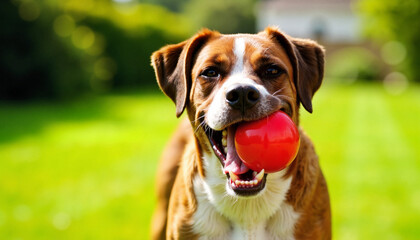 Energetic boxer dog playing with shiny red ball in lush backyard, playtime fun