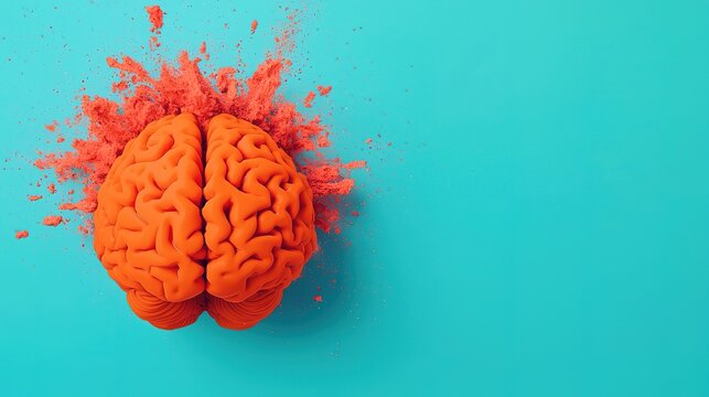An orange brain is exploding with splashes of red paint against a turquoise background, symbolizing creativity and mental activity.