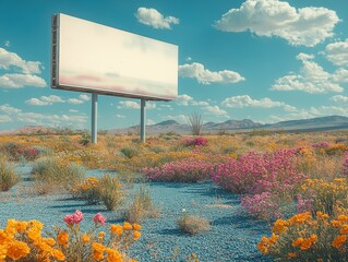 a gigantic white billboard on a chrome silver pole, mute blue skies, a lot of exotic colourful flowers and plants and blue sand desert ground