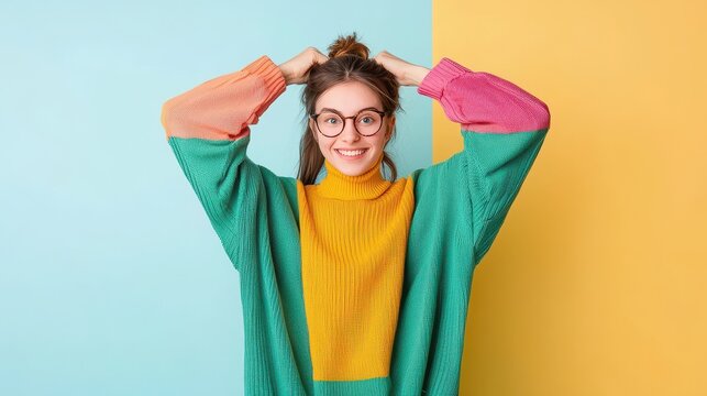 Cheerful young woman posing in colorful sweater studio portrait vibrant background engaging mood
