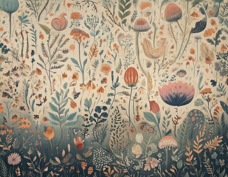 Background illustrations of plants such as mushrooms and flowers