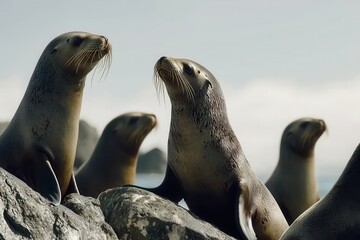 Fototapeta premium A group of South American fur seals basking on rocks along the Pacific coastline.
