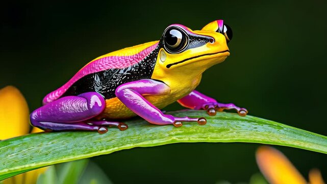 Frog with a black face and purple and yellow legs is sitting on a green leaf. The frog is colorful and stands out against the green background