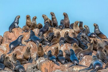 A group of South American fur seals basking on rocks along the Pacific coastline.