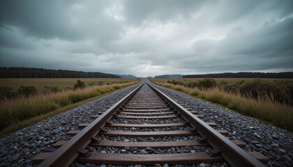 Fototapeta premium Railway tracks leading into the distance under cloudy sky