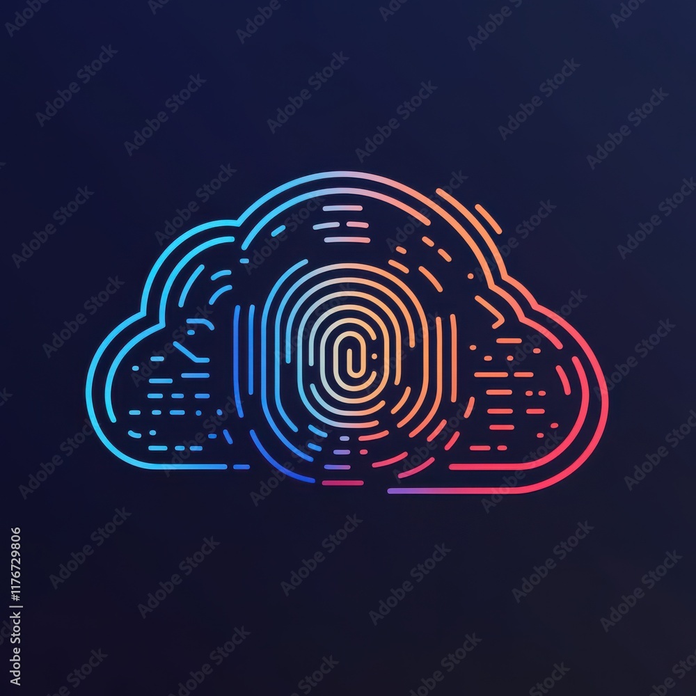 Poster colorful abstract cloud with a fingerprint design, symbolizing security and digital storage.