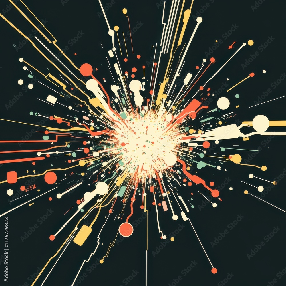 Poster a vibrant abstract explosion of colorful shapes and lines on a dark background.
