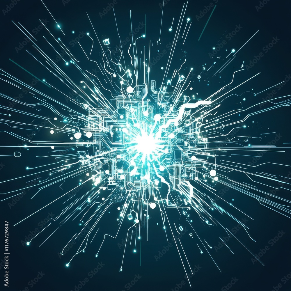 Poster abstract explosion of digital circuits and light effects on a dark background.