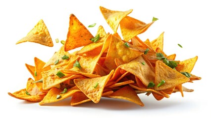 Naklejka premium Dynamic food photography captures airborne nachos against a pristine white backdrop; low-light setting.