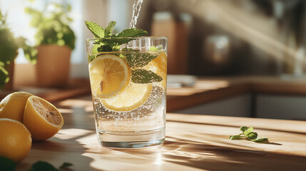 A refreshing glass of sparkling water with lemon slices and mint leaves, placed on a wooden surface, illuminated by sunlight in a cozy kitchen setting.