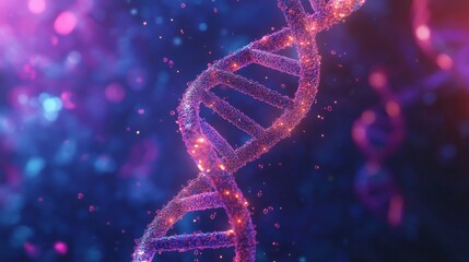 DNA double helix wrapped in glowing particles on a deep blue and purple gradient
