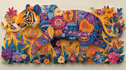 Tiger Floral Paper Art: Vibrant Colors, Intricate Design, Nature's Beauty