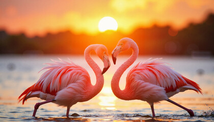 Fototapeta premium Romantic flamingo dance at sunset in serene lagoon, love and elegance