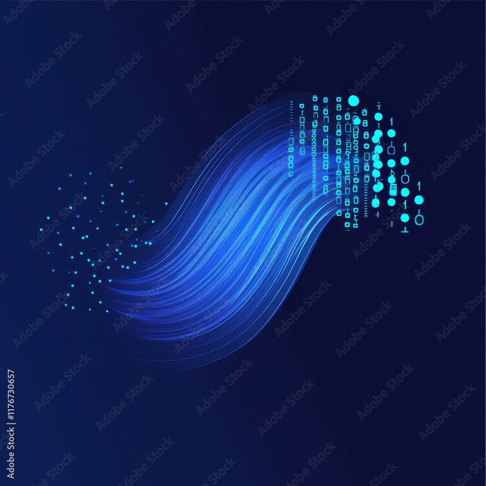 Poster abstract digital wave pattern with glowing blue elements and binary code on a dark background.