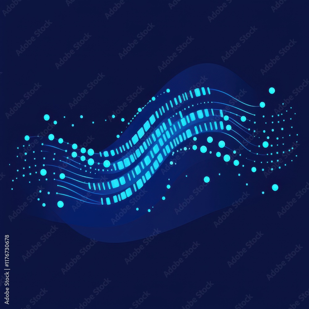 Poster abstract blue wave pattern with circular and linear elements, creating a modern digital vibe.
