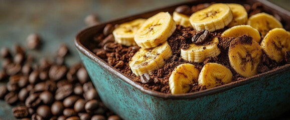 Fototapeta premium Delicious Banana and Coffee Dessert in Rustic Bowl